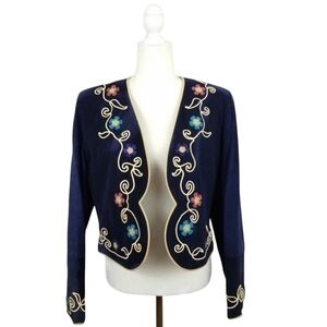 Frontier Collection Jacket Blue Suede Floral Beaded Open Front Women's Size M